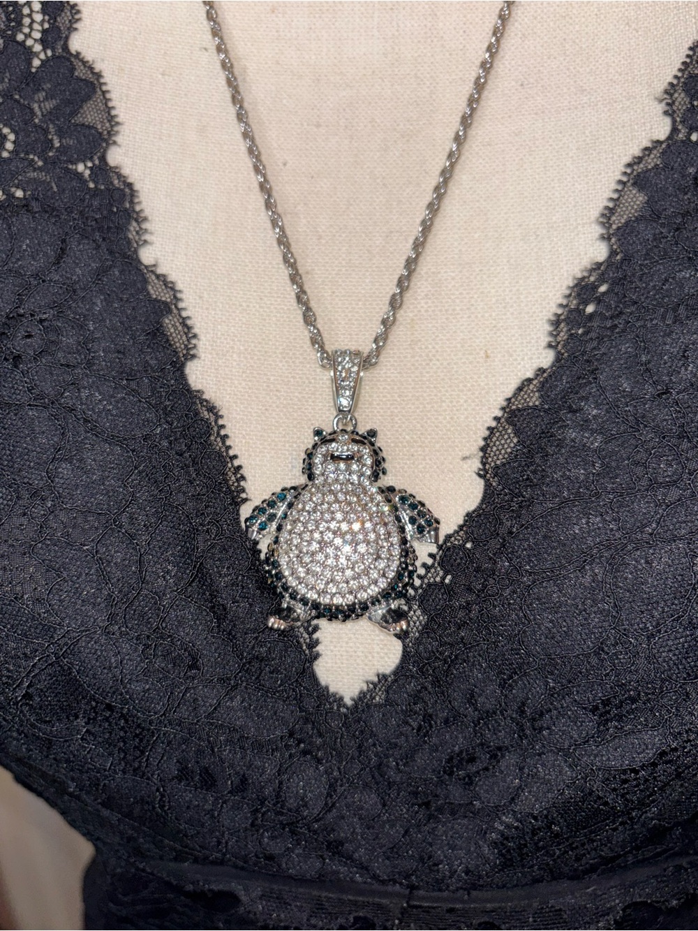 Crystal Pave Silver Tone SNORLAX Pokemon pendant necklace